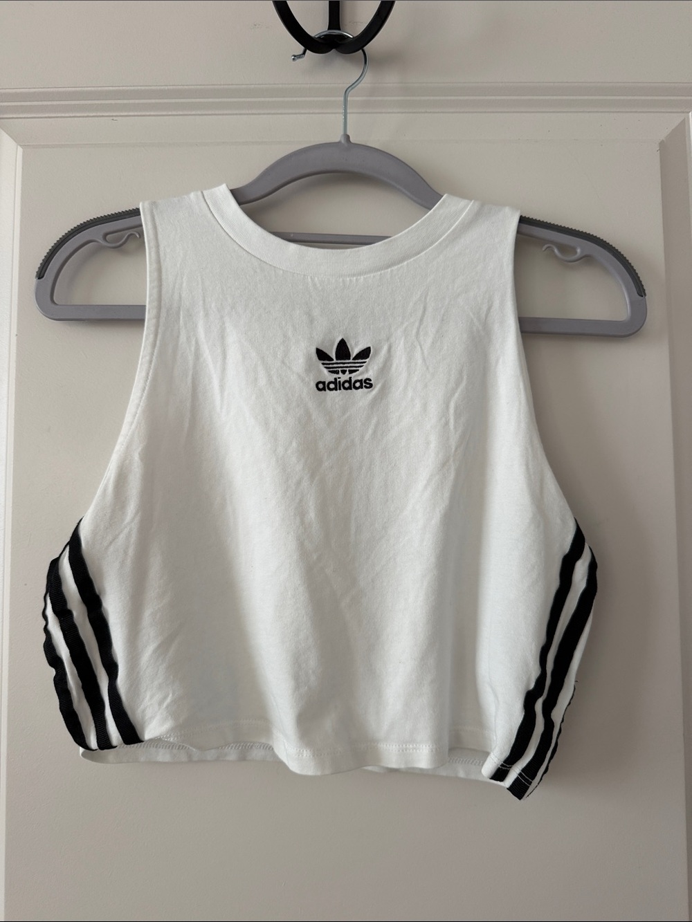adidas White Cropped Tank Top with Black Stripes